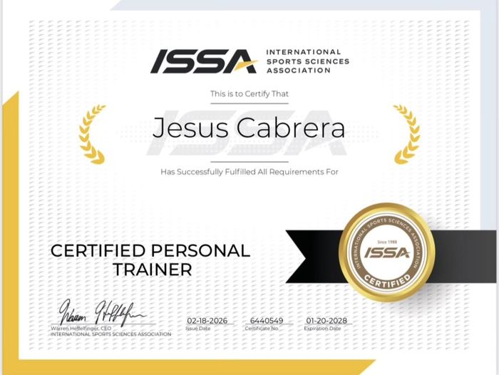 ISSA Certified Personal Trainer certificate - Jesús Cabrera